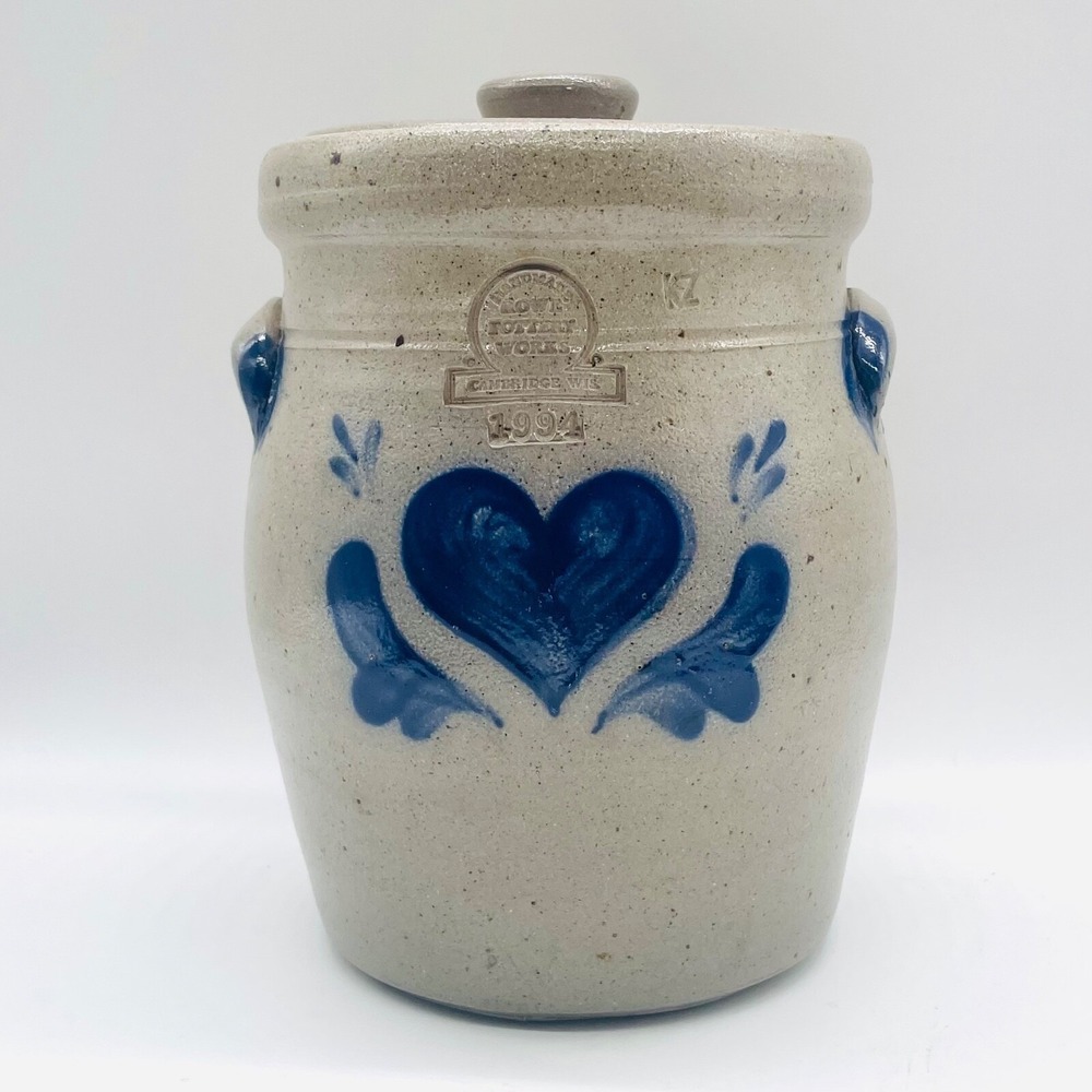 8" Rowe Pottery Works Stoneware Crock‎ 1994 Blue Heart Salt Glaze Lidded Jar